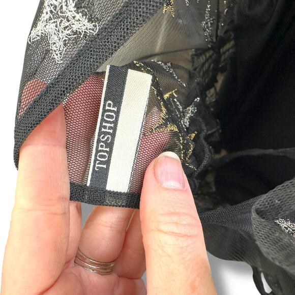 Topshop Embroidered Metallic Star Swiss Dot Plunge Neck Asymmetrical Midi Dress - Picture 8 of 10